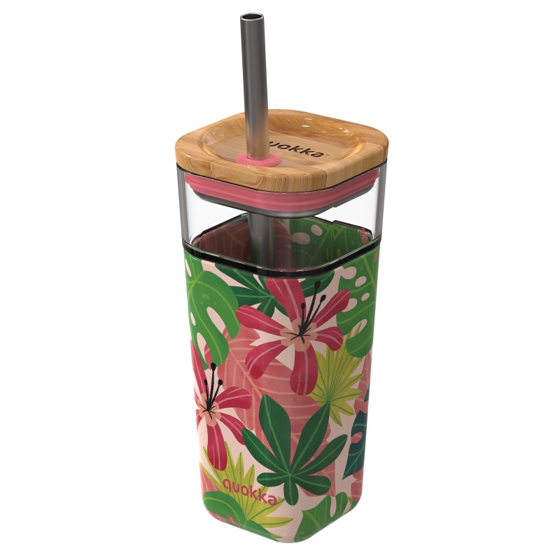 STOR 40051 Glass glass with straw and silicone cover pink jungle 540 ml quokka