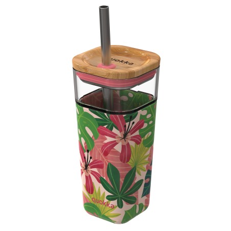 STOR 40051 Vaso cristal con pajita y funda de silicona pink jungle 540 ml quokka