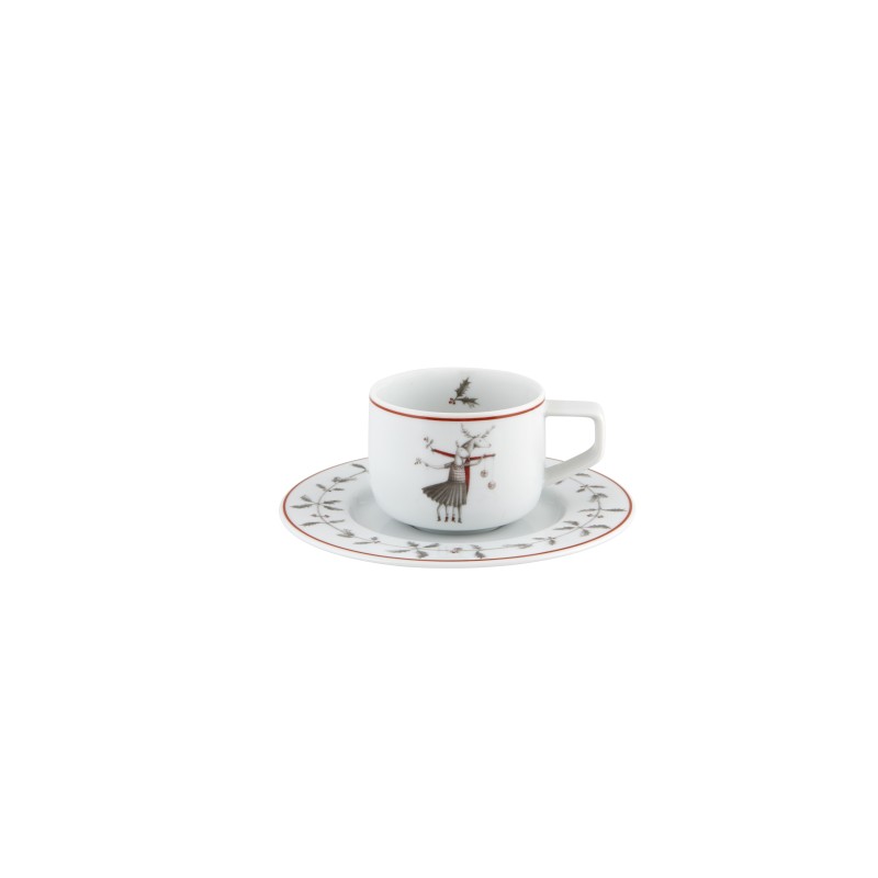 Taza de café moka con platillo porcelana decoración navideña Noel "Volar". Dimensiones: Ø 12,6 cm x 4,8 cm capacidad 9,1 cl, pes