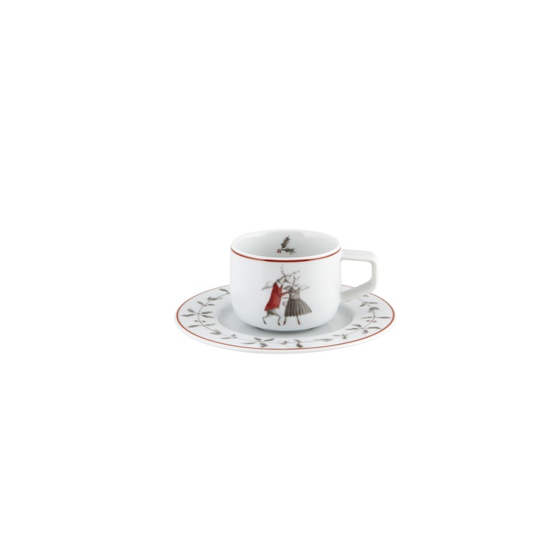 Taza de café moka con platillo porcelana decoración navideña Noel "Danza". Dimensiones: Ø 12,6 cm x 4,8 cm capacidad 9,1 cl, pes