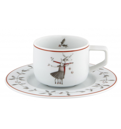 Taza de café moka con platillo porcelana decoración navideña Noel "Volar". Dimensiones: Ø 12,6 cm x 4,8 cm capacidad 9,1 cl, pes