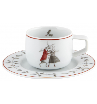 Taza de café moka con platillo porcelana decoración navideña Noel "Danza". Dimensiones: Ø 12,6 cm x 4,8 cm capacidad 9,1 cl, pes