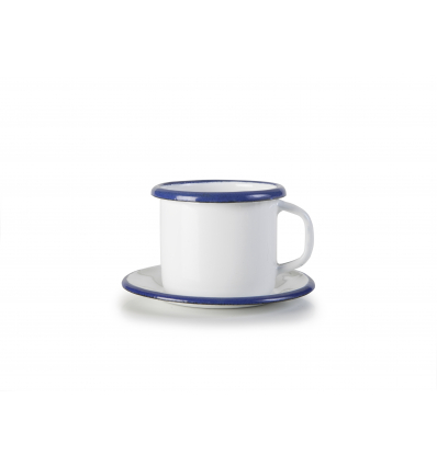 Taza de café y con platillo de acero esmaltado vitrificado Blanco con borde Azul "Vintage Blue". Dimensiones: Ø 5 cm 7,5 cl. 903