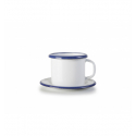 Taza de café y con platillo de acero esmaltado vitrificado Blanco con borde Azul "Vintage Blue". Dimensiones: Ø 5 cm 7,5 cl. 903