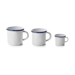 Taza mug/pote acero esmaltado vitrificado Blanco con borde Azul "Vintage Blue". Dimensiones: Ø 5 cm, capacidad 7,5 cl.. 903005 I