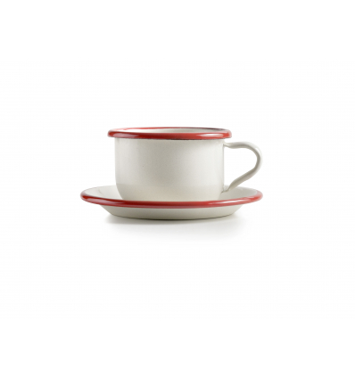 Taza mug acero esmaltado vitrificado Blanco con borde Rojo "Bordeaux". Dimensiones: Ø 7x altura 6 cm, capacidad 20cl.. 907300 IB