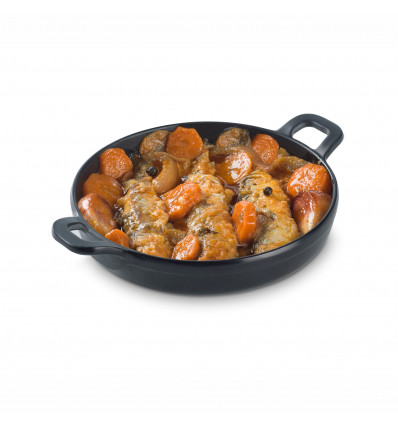 Cazuela mini redonda de melamina Negro. Dimensiones: Ø 14,5 , largo con asas: 19 cm, altura 3,5 cm. PUJADAS P23836 (96 unidades)
