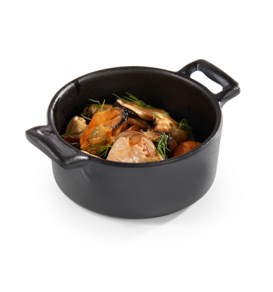Cazuela mini redonda con tapa y asas de melamina Negro. Dimensiones: Ø 9 cm, altura 6,5 cm. PUJADAS P23842 (96 unidades)