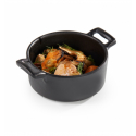 Cazuela mini redonda con tapa y asas de melamina Negro. Dimensiones: Ø 9 cm, altura 6,5 cm. PUJADAS P23842 (96 unidades)