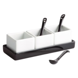Salseras con bandeja y cucharas porcelana Ming Ventana Cebra. Bandeja: 16x6x2 cm Salsera: 5x5x4 cm. B1532 (36 unidades)