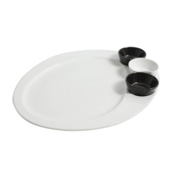 Plato para salsas (2 salseras incluidas, Negro y Blanco) porcelana Blanco Bordeaux 34x28x2cm. B2924 (6 unidades)