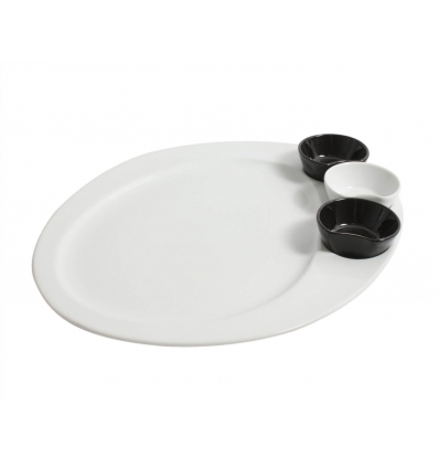 Plato para salsas (2 salseras incluidas, Negro y Blanco) porcelana Blanco Bordeaux 34x28x2cm. B2924 (6 unidades)