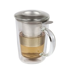 Taza para infusiones doble pared vidrio borosilicato con tapa y filtro inox Sanya 36cl. Ø 8.8x12 cm. B803014