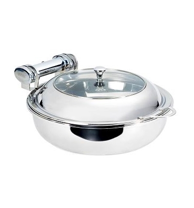 CHAFING DISH REDONDO CON TAPA DE CRISTAL Y CUBETA-INSERTO INOX. MEDIDAS: 39X50X18 CM.