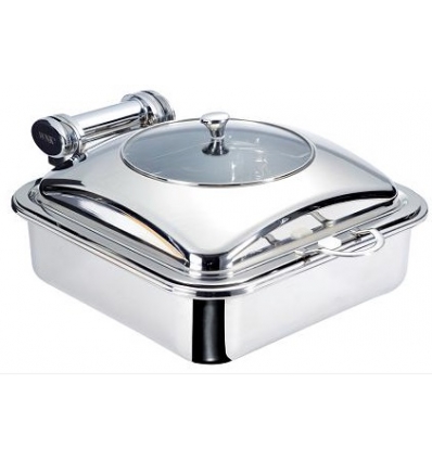 CHAFING DISH REDONDO CON TAPA DE CRISTAL Y CUBETA-INSERTO INOX. MEDIDAS: 39X50X18 CM.