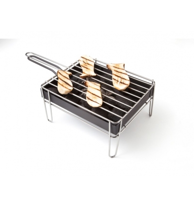 Mini parrilla de sobremesa de acero inoxidable con cajón extraible para recoger grasas y mantener el carbón caliente. Dimensione