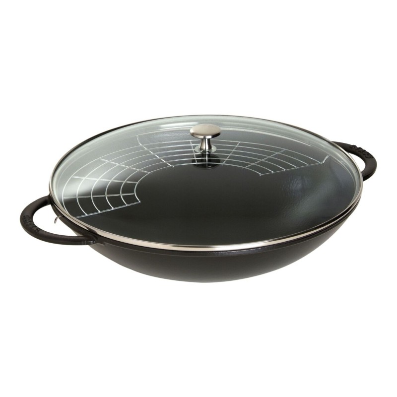 Wok redondo de hierro colado de Staub, perfecto para cocina asiática. Diámetro 37cm, apto para inducción y horno. 