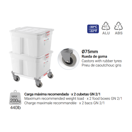 ARAVEN 61223 BASE CON RUEDAS CUBETA GN2/1 GRIS 580x490x140  MM