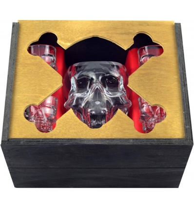 Pack Calavera: Caja de Madera Color Negro + 1 Vaso Tiki Calavera de 600 ml + 4 chupitos Calavera 50 ml (24x19.5x14.5CM) Ref.615