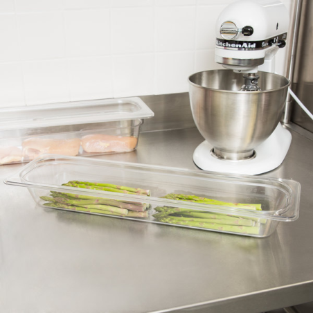 Cubeta GN 1/2 largo de policarbonato transparente 16.2x53x6.5cm.Capacidad 3 L