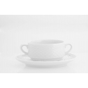 Taza de consomé con dos asas en porcelana blanca grabada Escorial. Capacidad: 40cl. Alegre 21078350 (6 unidades)