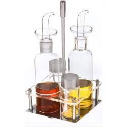 Aceitera,Vinagrera,Azucarero y Salero con Soporte Metálico Set 4 piezas