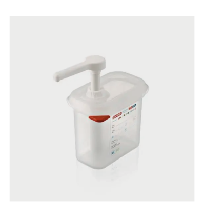 Distributeur de sauce GN 1/9 en polypropylène sans BPA (176x108x190 mm), 1,5L. Presse 10 ml. Araven 3785
