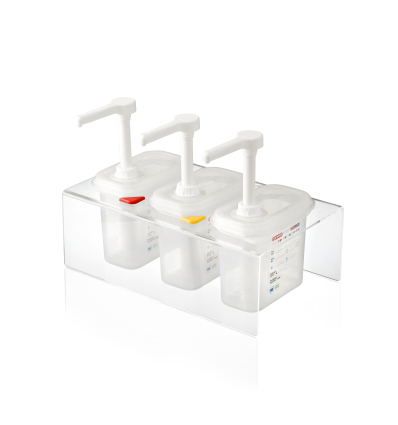Soporte transparente para 3 dispensadores de salsa de polipropileno libre de BPA (380x225x195mm). Araven 1363