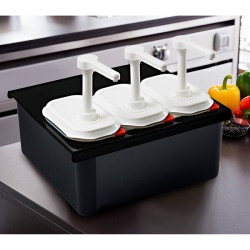 Soporte negro para 3 dispensadores de salsa sin BPA. Araven 1360.