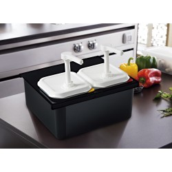 Soporte negro para 2 dispensadores de salsa sin BPA. Araven 1359.