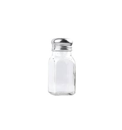 Square glass salt shaker with stainless steel lid. 57 gm. Cambro 154S&P-2