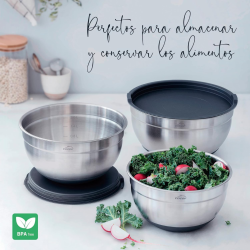  Set 3 Boles Inox Antideslizantes con Tapa Ø16, 18, 20 cm 1.5, 2.2, 3L