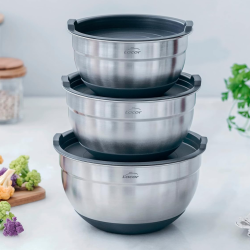  Set 3 Boles Inox Antideslizantes con Tapa Ø16, 18, 20 cm 1.5, 2.2, 3L