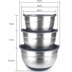  Set 3 Boles Inox Antideslizantes con Tapa Ø16, 18, 20 cm 1.5, 2.2, 3L