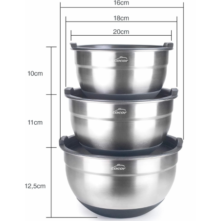  Set 3 Boles Inox Antideslizantes con Tapa Ø16, 18, 20 cm 1.5, 2.2, 3L