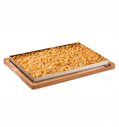 Llauna bandeja rectangular inox con soporte de madera 33x23x3 cm. PUJADAS P29600