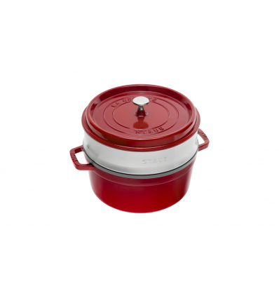 LOS GEMELOS STAUB 40510-601-0 Cocotte STAUB redonda cereza de hierro colado con vaporera. Diametro: 26cm