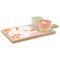 Tabla aperitivo bambú con dos vasos de vidrio KALEIDO 31x17x6 cm