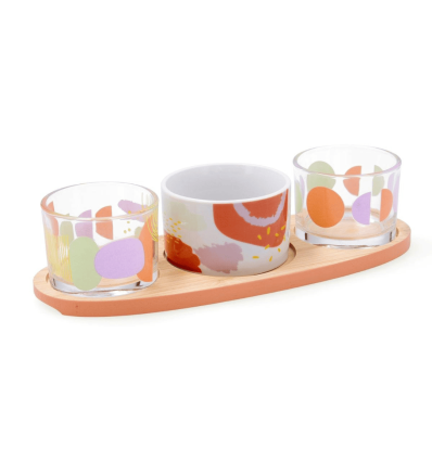 Tabla aperitivo bambú con dos vasos de vidrio y un bol 25x10x5,5 cm KALEIDO | Quid 5426594