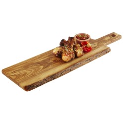 Tabla de madera de olivo con mango para servir y presentar. Dimensiones: 40x15x1.5cm. APS 873 (1 unidad)