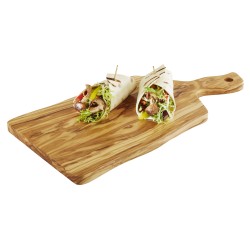 Tabla de madera de olivo con mango para servir y presentar. Dimensiones: 31x20x1.5 cm. APS 877 (1 unidad)