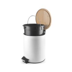 Papelera con pedal Nature blanca 5 L con tapa bambú | Hostelería