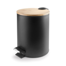 Papelera con pedal Nature negra 5 L con tapa bambú | Hostelería