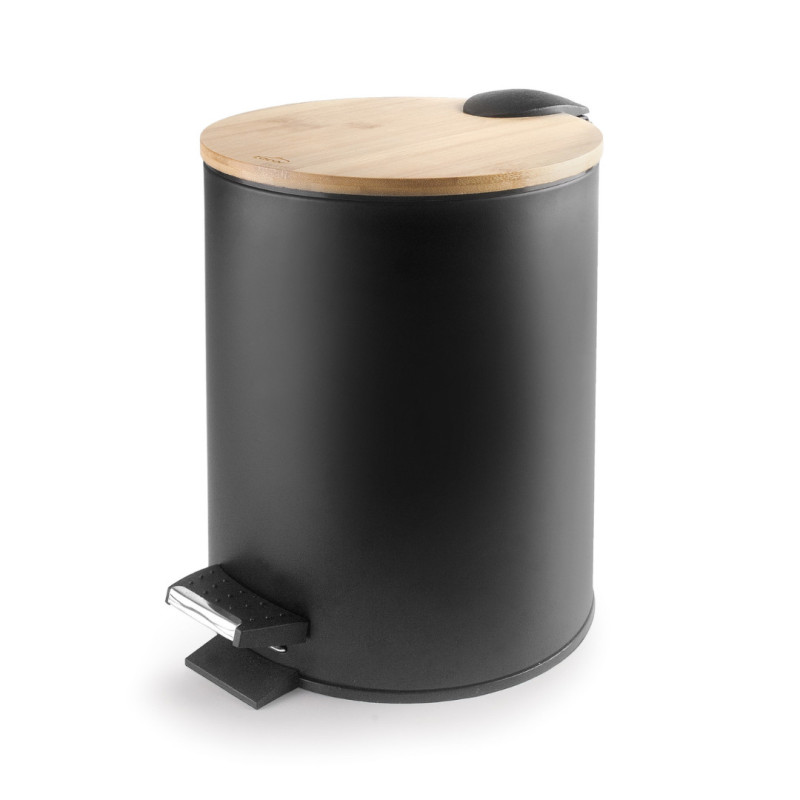 Papelera con pedal Nature negra 5 L con tapa bambú | Hostelería