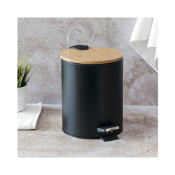 Papelera con pedal Nature negra 5 L con tapa bambú | Hostelería